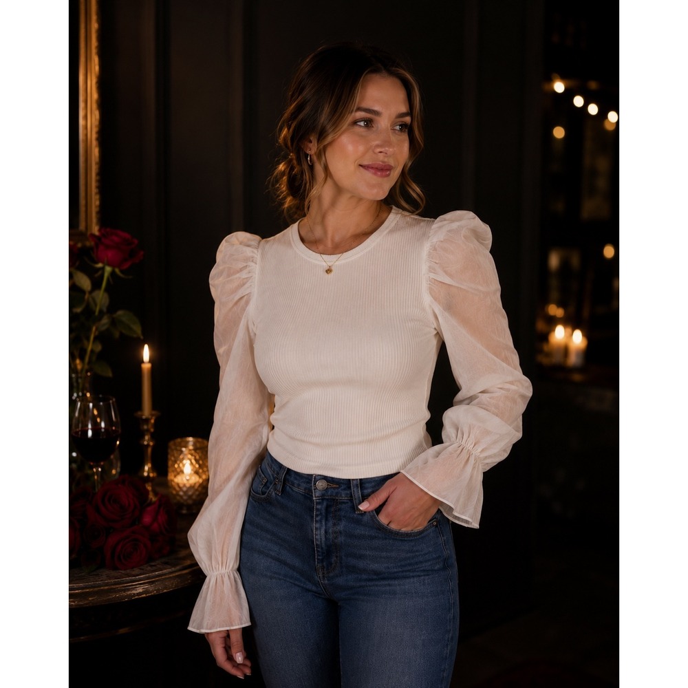 Miou Muse Top XS White Ribbed Sheer Puff Sleeves Coquette Feminine Romantic READ